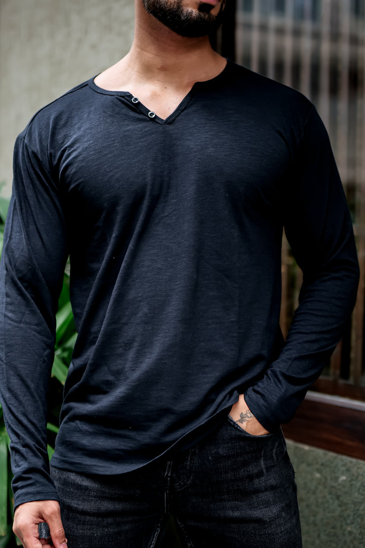 Black Self Design Open Slub Henley T-Shirt