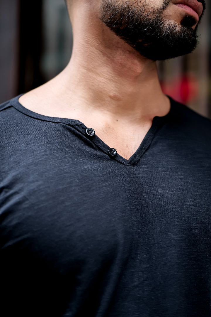 Black Self Design Open Slub Henley T-Shirt
