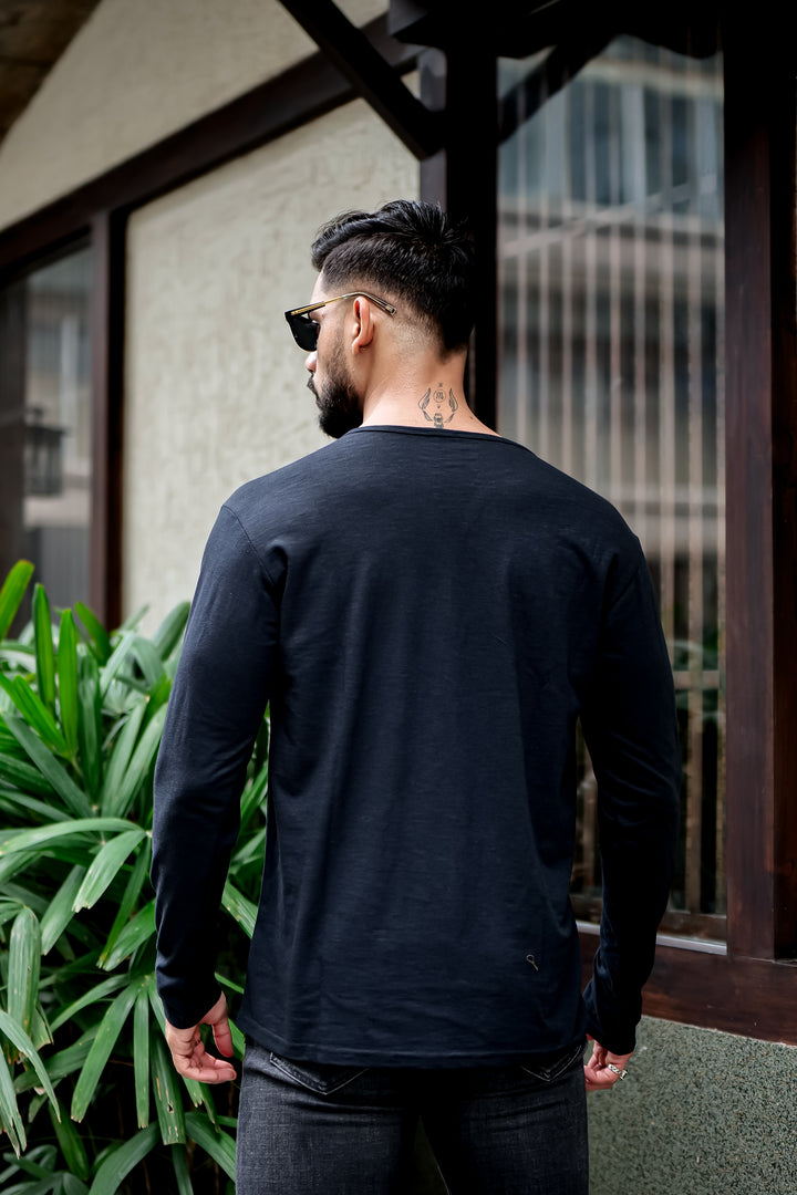 Black Self Design Open Slub Henley T-Shirt