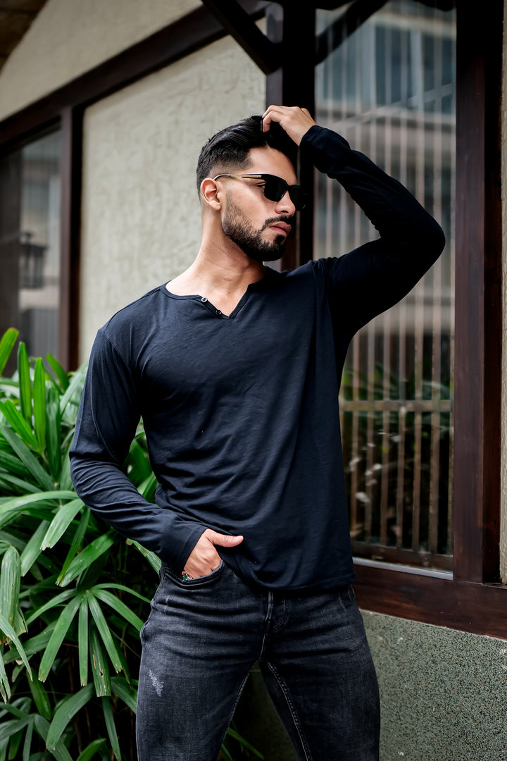Black Self Design Open Slub Henley T-Shirt