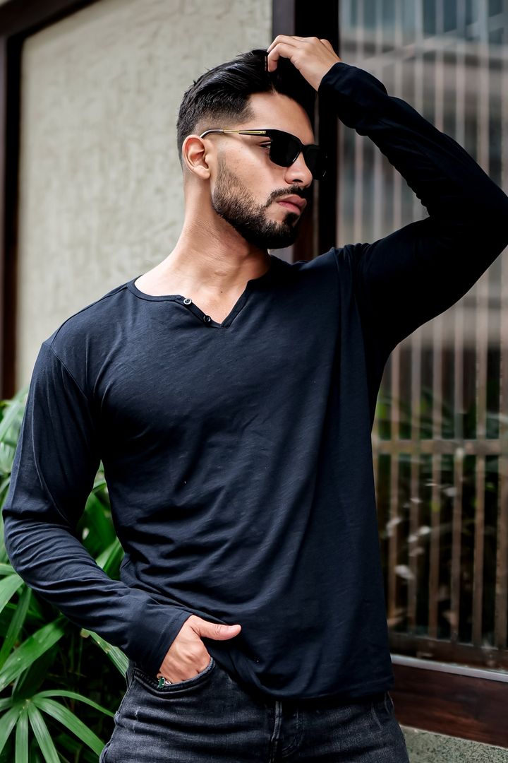 Black Self Design Open Slub Henley T-Shirt