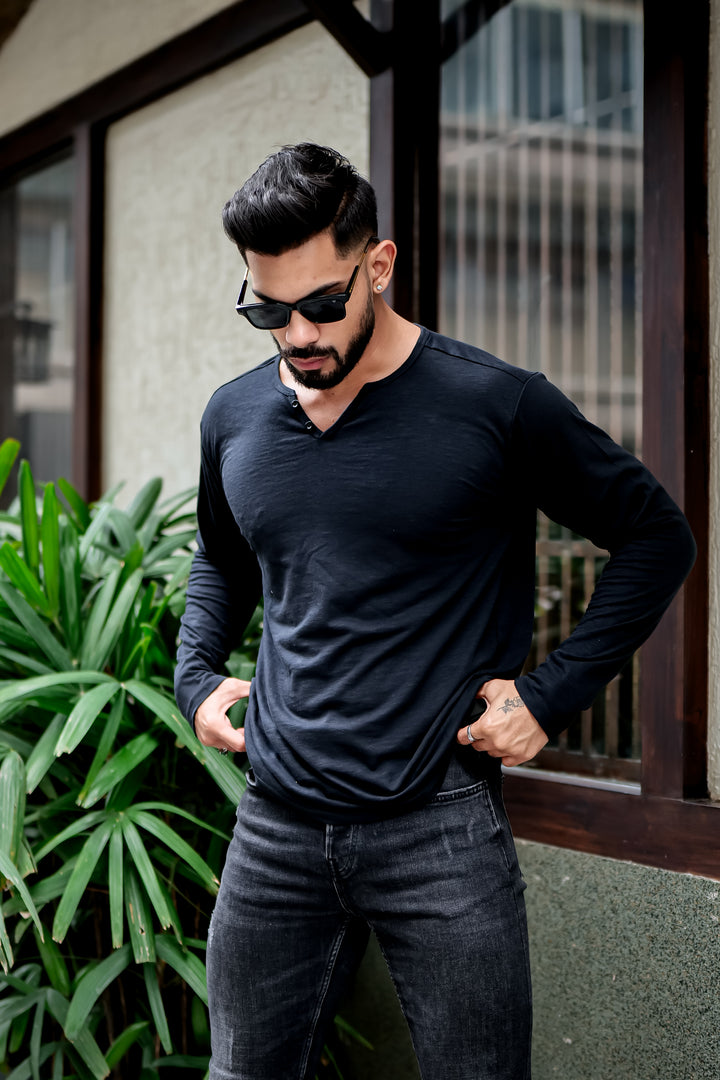 Black Self Design Open Slub Henley T-Shirt