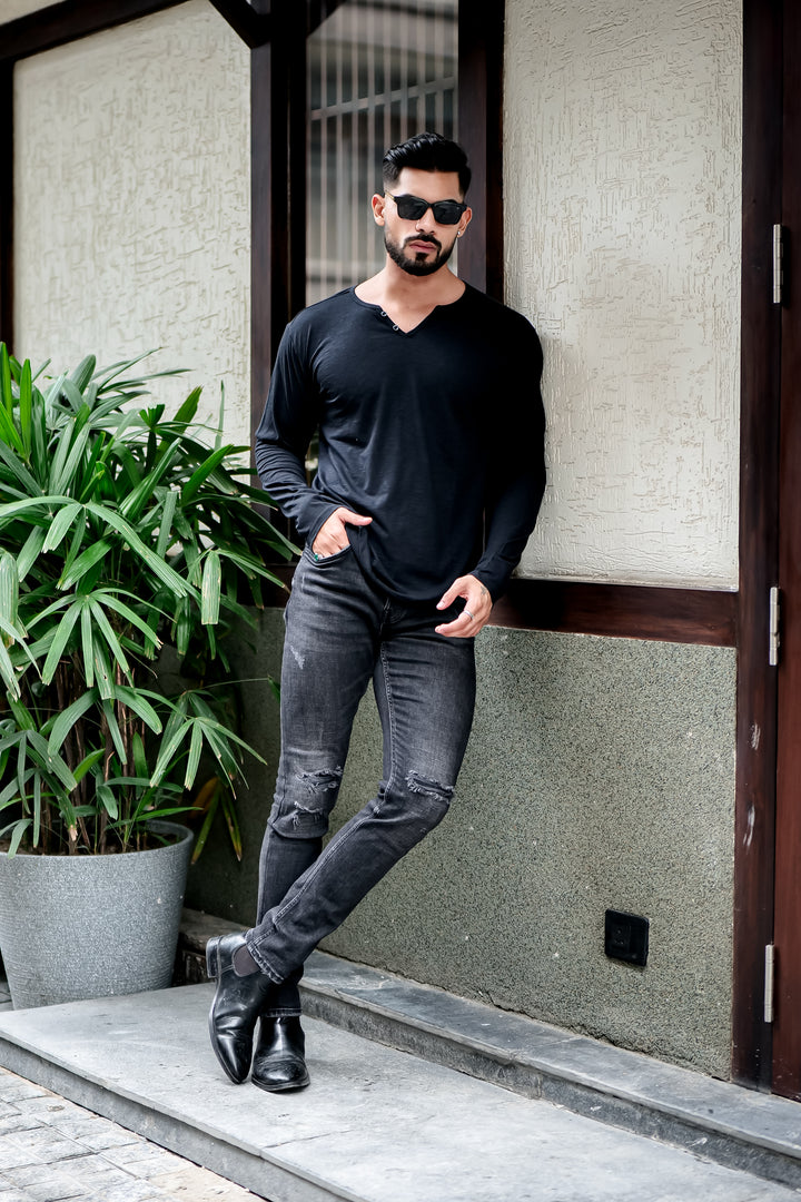 Black Self Design Open Slub Henley T-Shirt