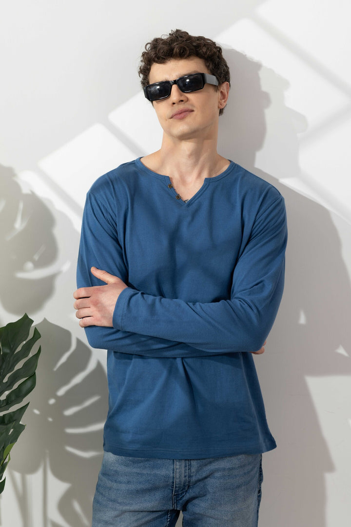 Blue Cotton Slub Open Henley T-Shirt