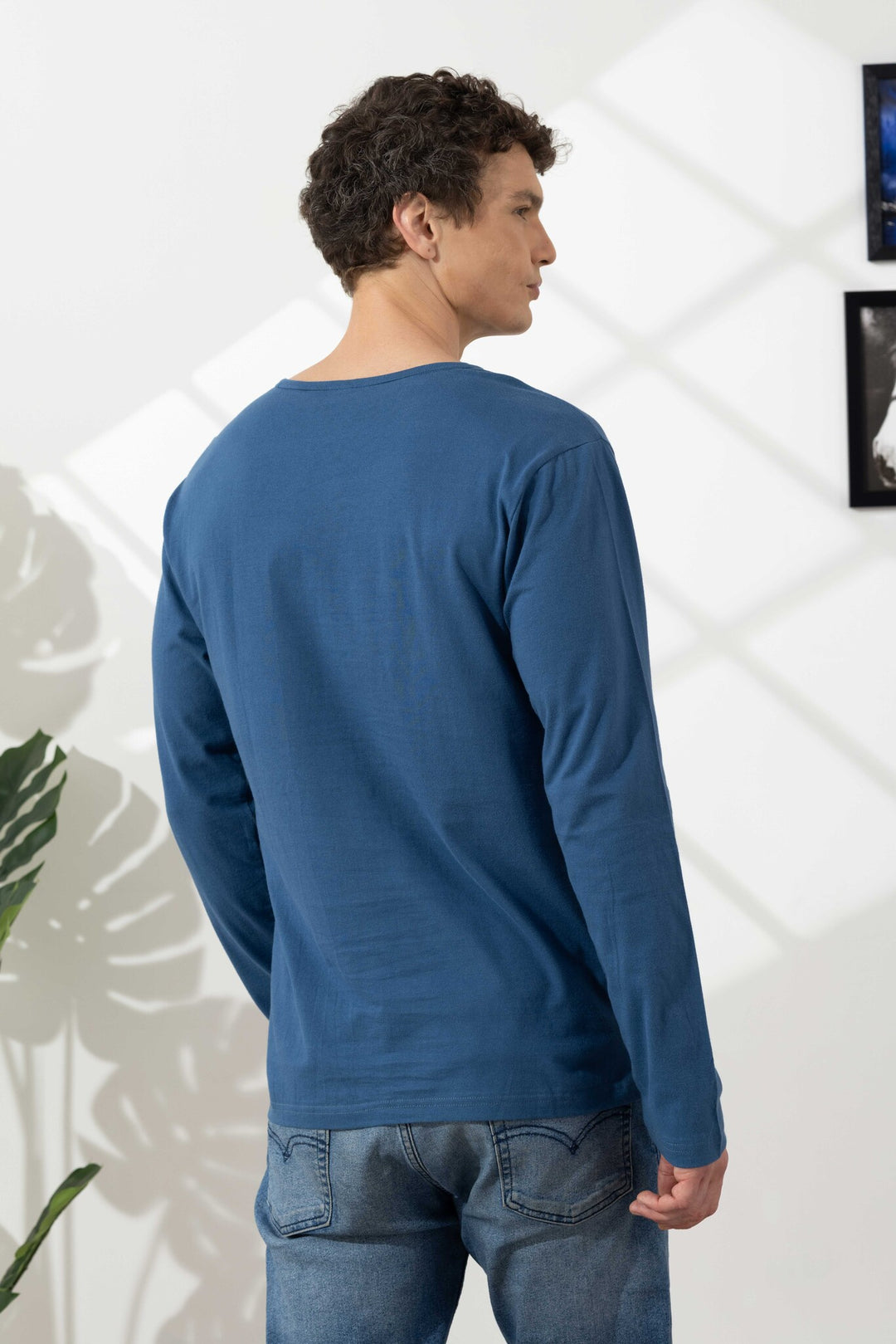 Blue Cotton Slub Open Henley T-Shirt