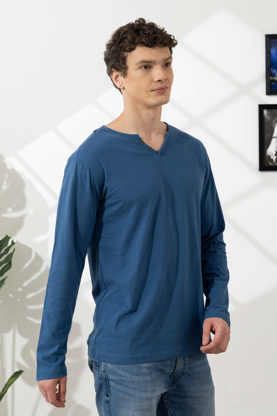 Blue Cotton Slub Open Henley T-Shirt
