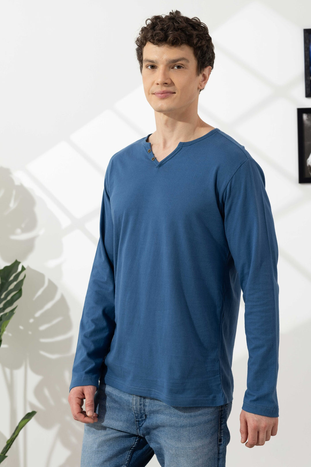 Blue Cotton Slub Open Henley T-Shirt