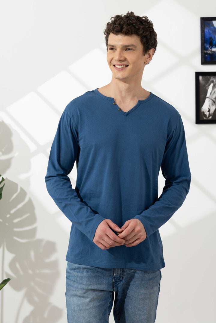 Blue Cotton Slub Open Henley T-Shirt
