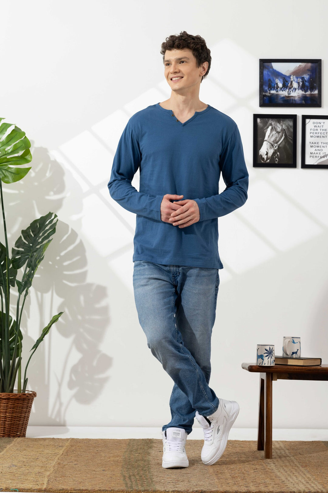 Blue Cotton Slub Open Henley T-Shirt
