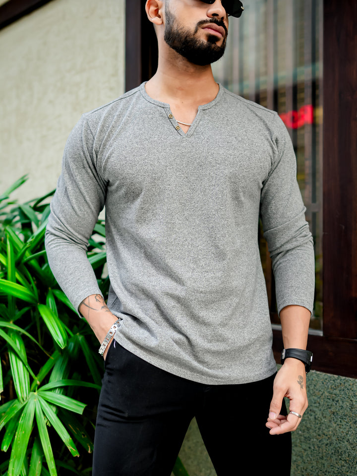 Light Grey Open Slub Henley T-Shirt