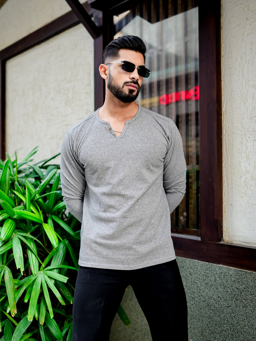 Light Grey Open Slub Henley T-Shirt