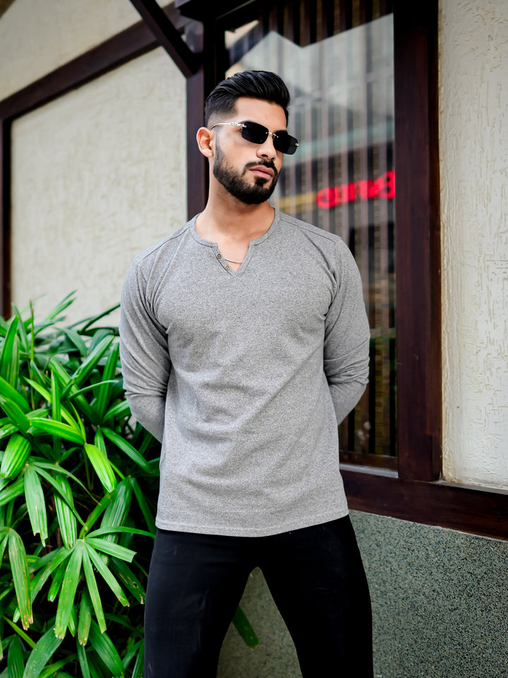 Light Grey Open Slub Henley T-Shirt