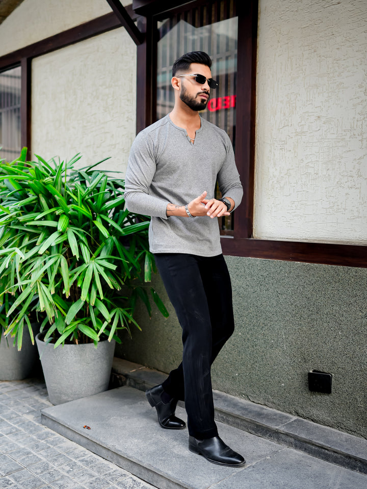 Light Grey Open Slub Henley T-Shirt