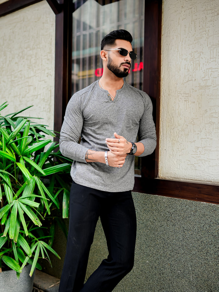 Light Grey Open Slub Henley T-Shirt