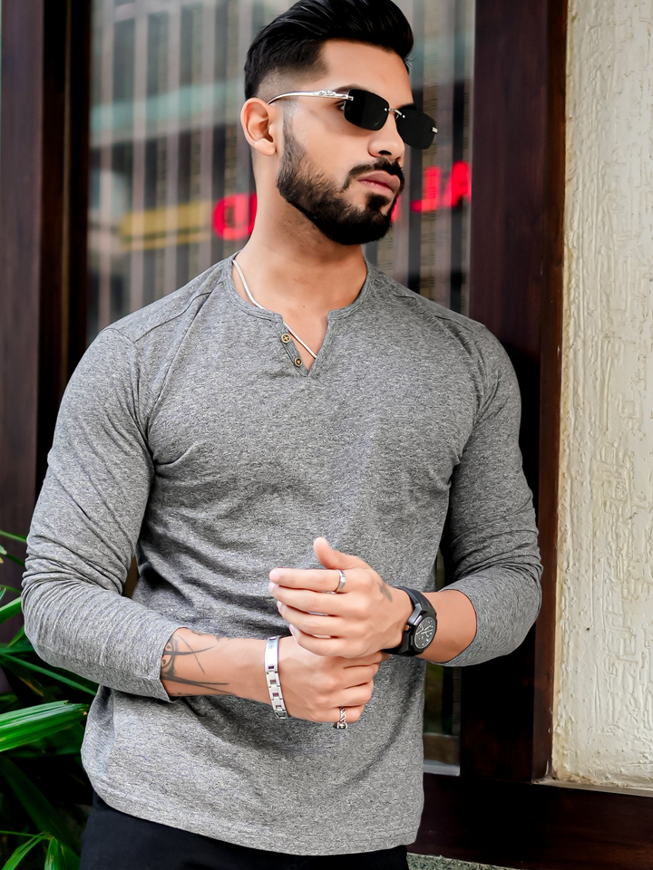 Light Grey Open Slub Henley T-Shirt