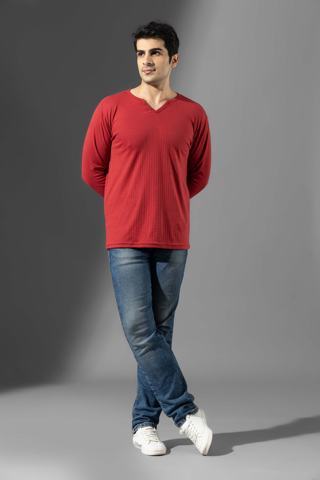 Red Open Double Needle Henley T-Shirt