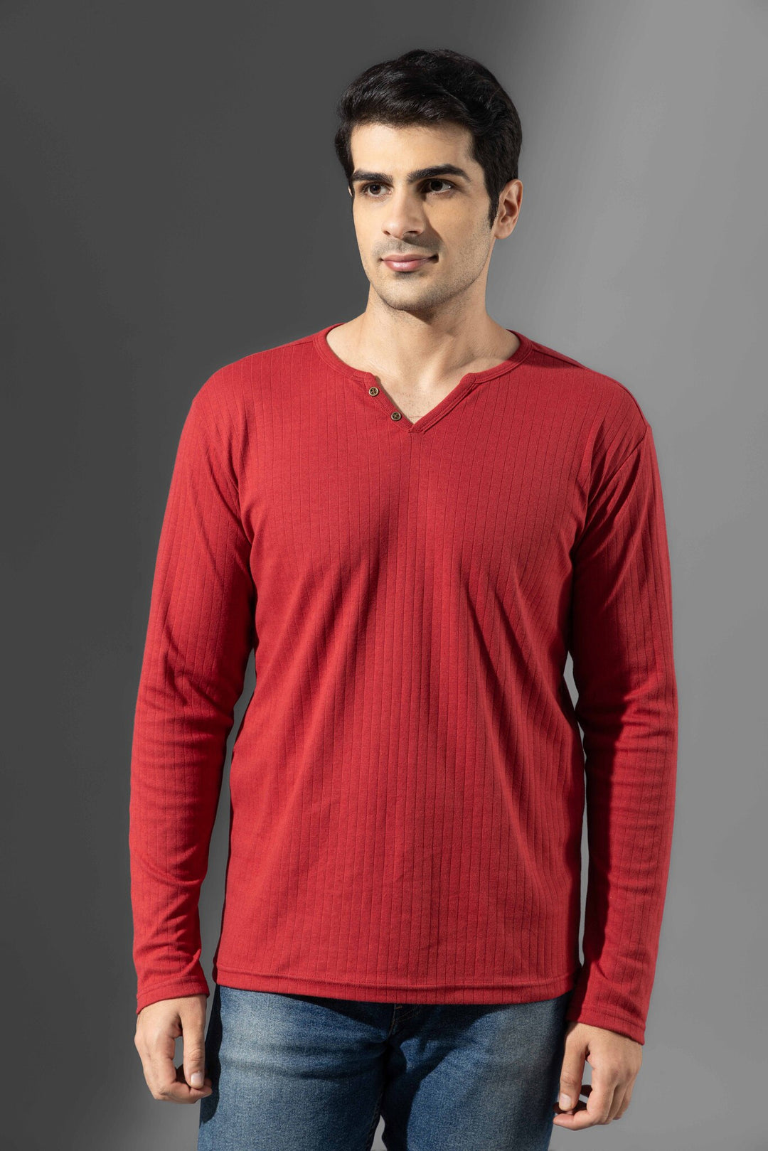 Red Open Double Needle Henley T-Shirt
