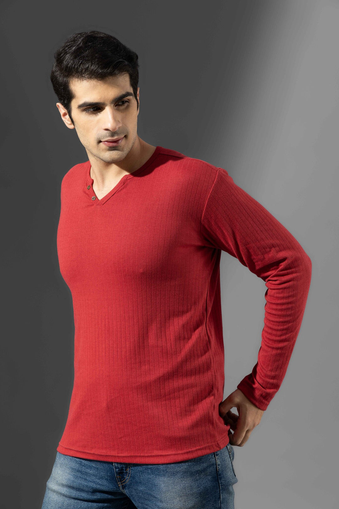 Red Open Double Needle Henley T-Shirt
