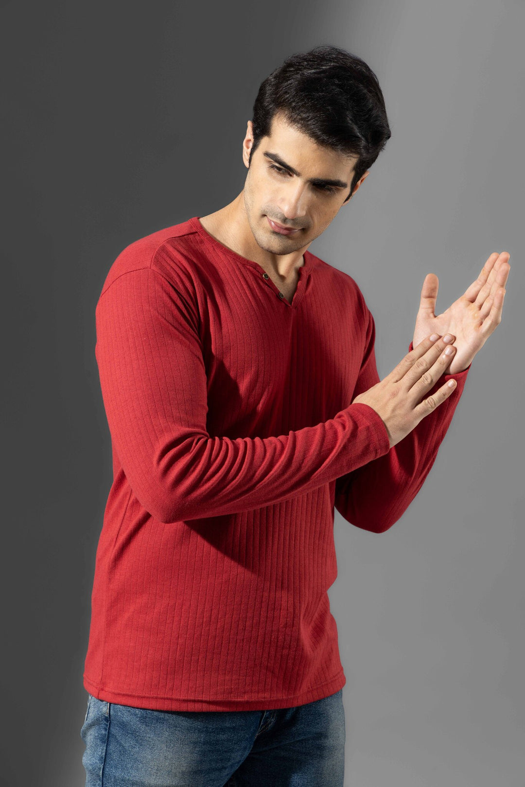 Red Open Double Needle Henley T-Shirt