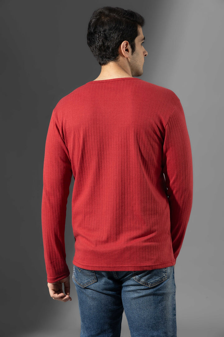 Red Open Double Needle Henley T-Shirt