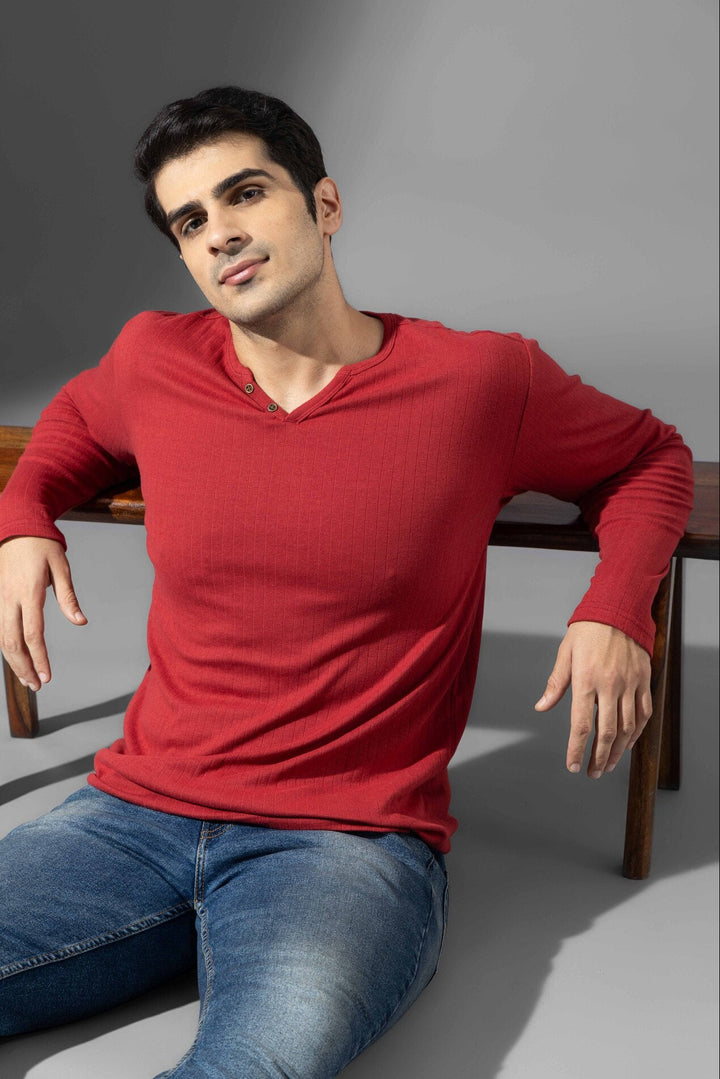 Red Open Double Needle Henley T-Shirt