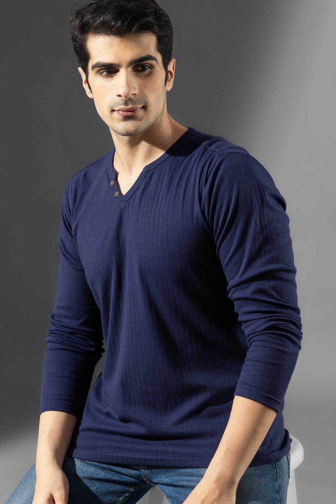 Navy Blue Open Drop Needle Henley T-Shirt