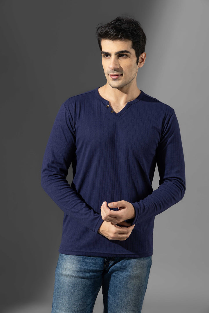 Navy Blue Open Drop Needle Henley T-Shirt