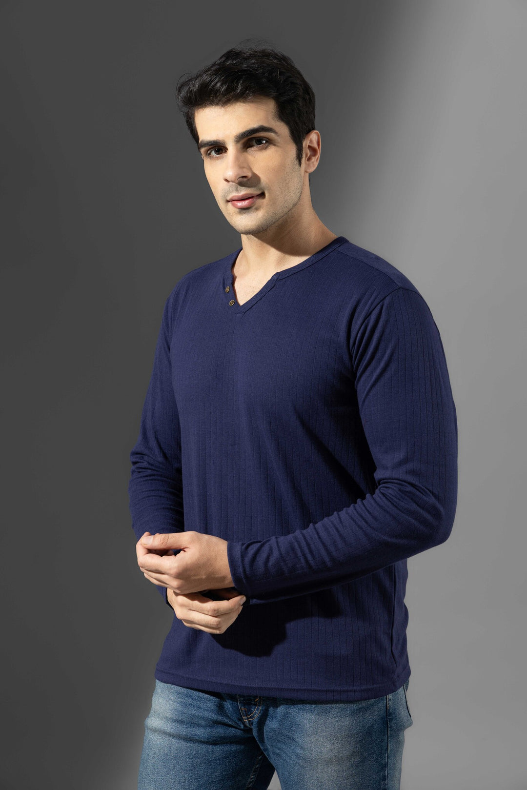 Navy Blue Open Drop Needle Henley T-Shirt