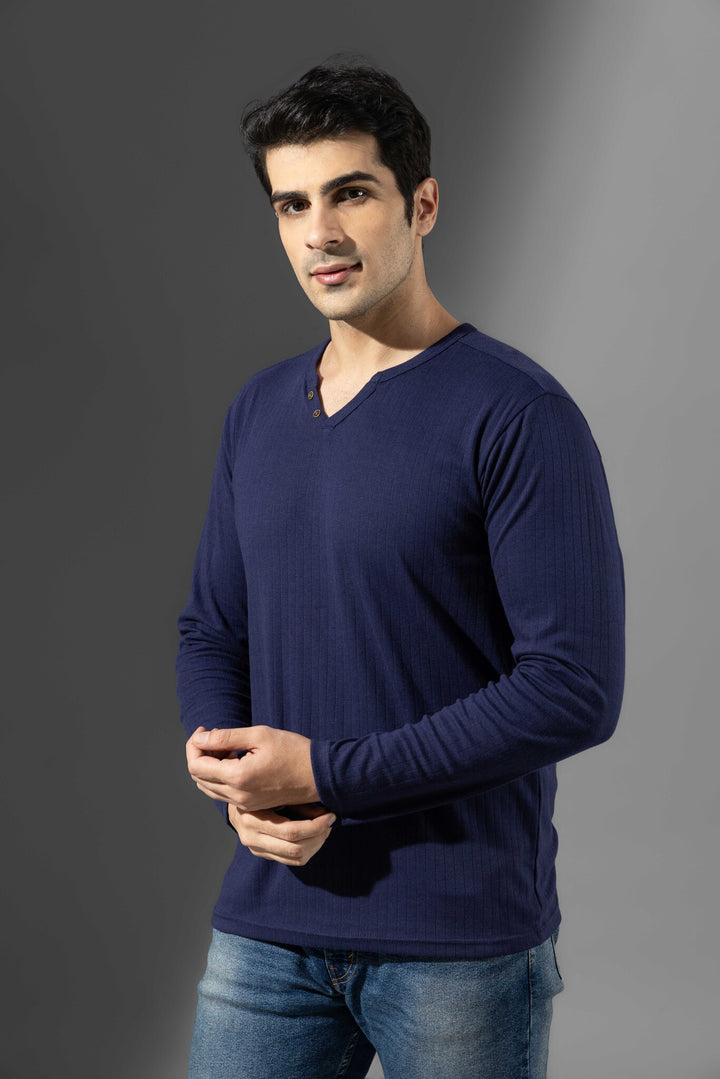 Navy Blue Open Drop Needle Henley T-Shirt
