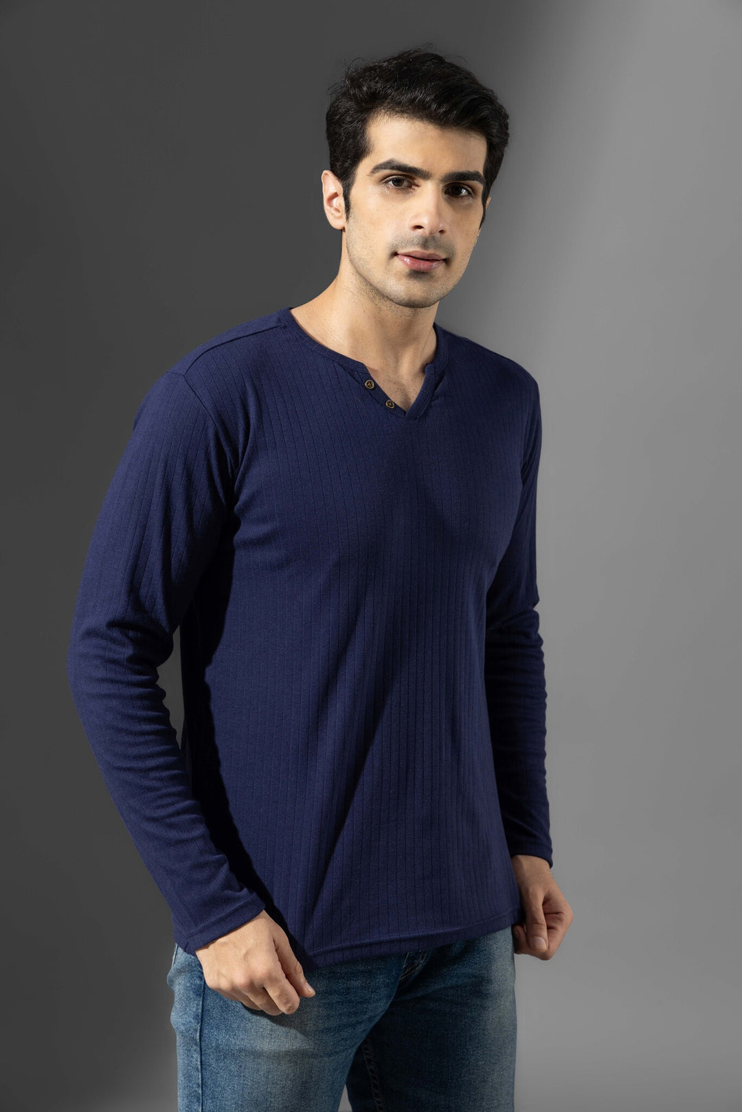 Navy Blue Open Drop Needle Henley T-Shirt