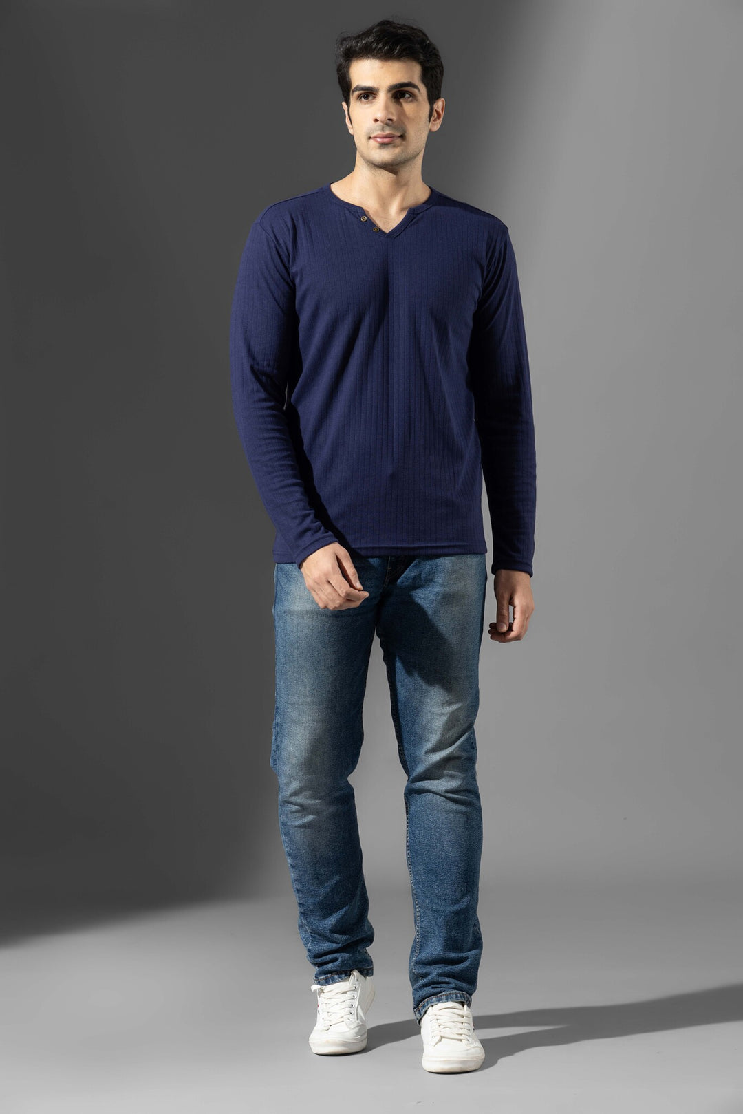 Navy Blue Open Drop Needle Henley T-Shirt