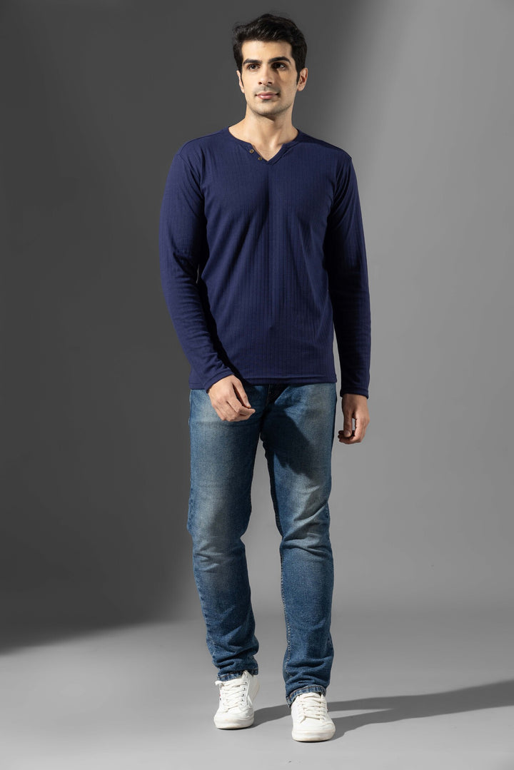 Navy Blue Open Drop Needle Henley T-Shirt