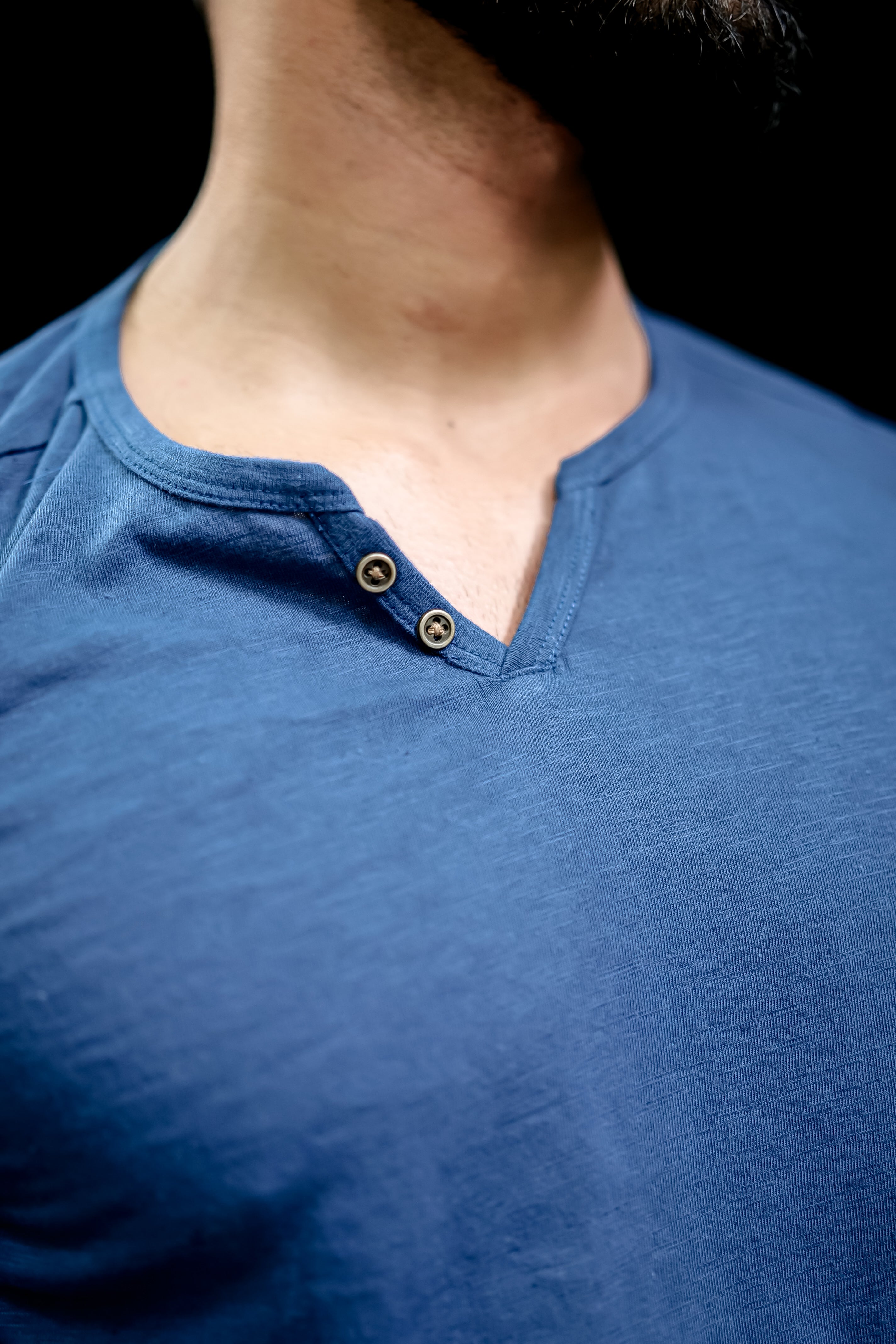Blue Slub Open Henley Neck T-Shirt