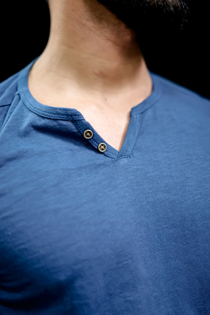 Blue Slub Open Henley Neck T-Shirt