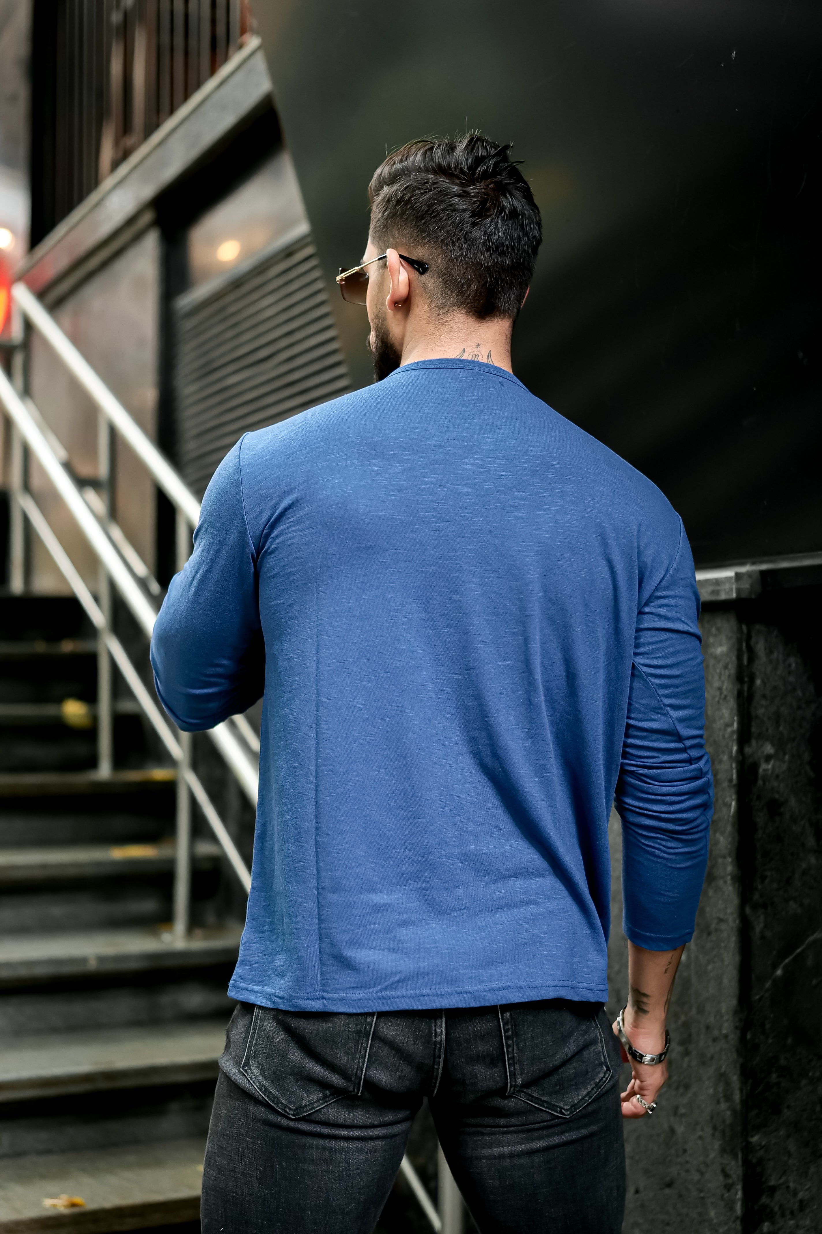 Blue Slub Open Henley Neck T-Shirt