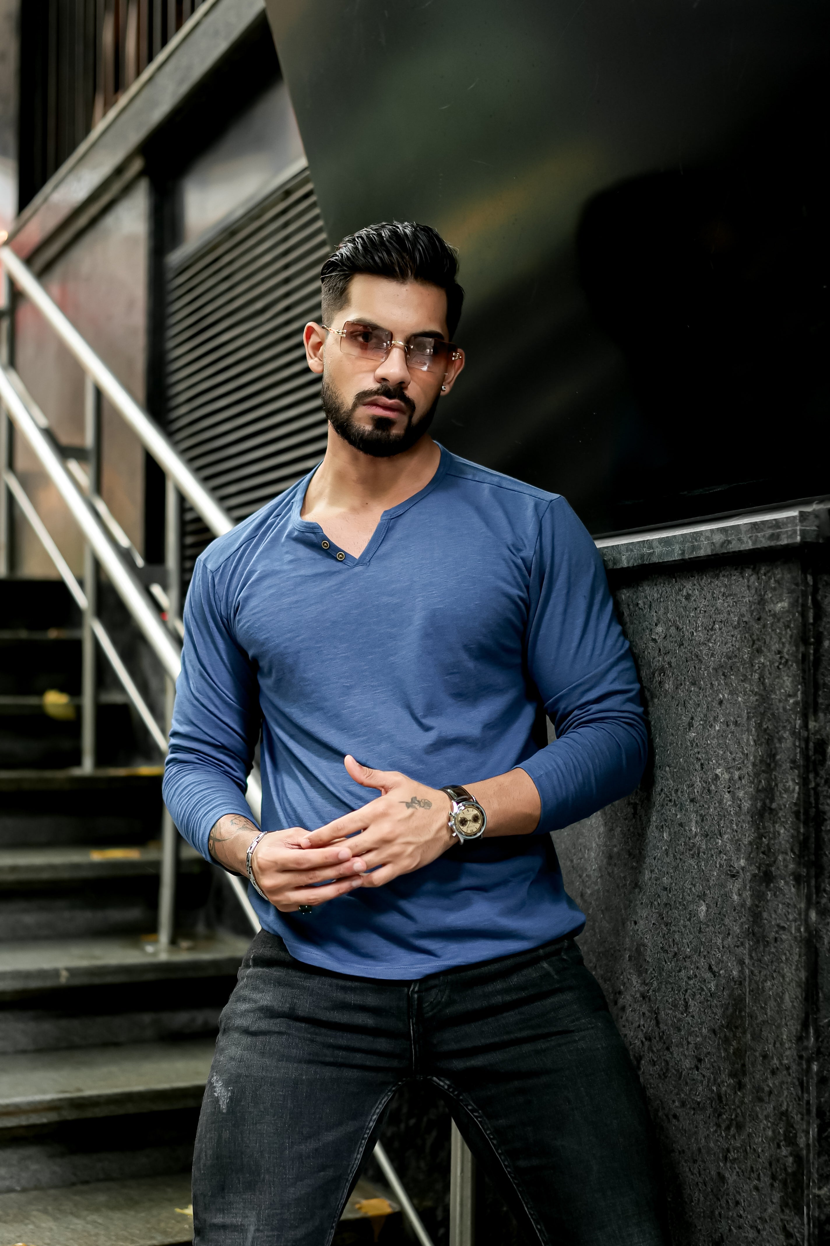 Blue Slub Open Henley Neck T-Shirt