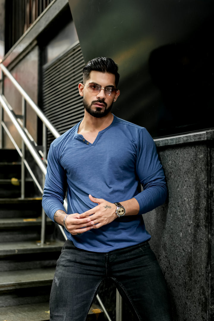 Blue Slub Open Henley Neck T-Shirt