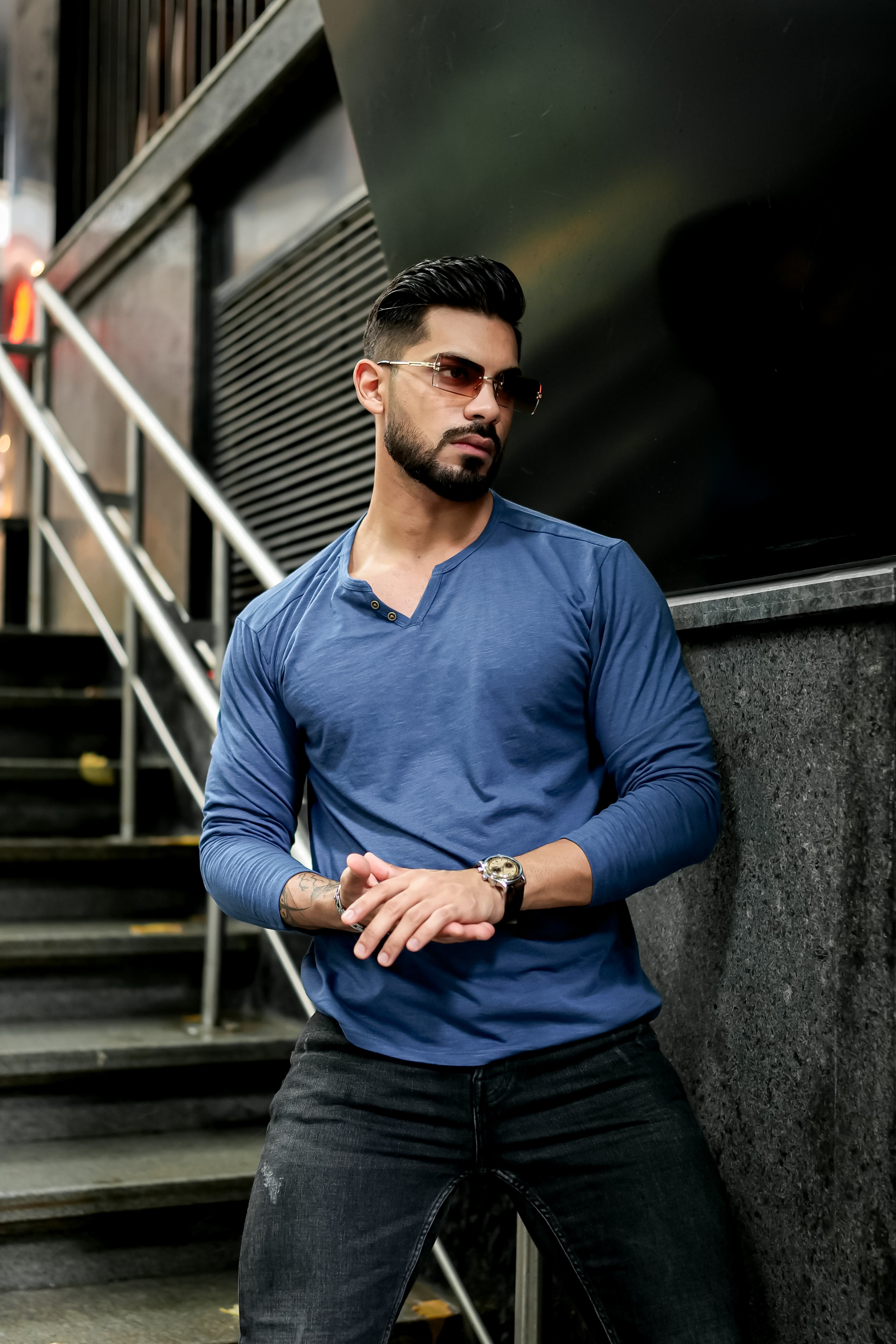 Blue Slub Open Henley Neck T-Shirt