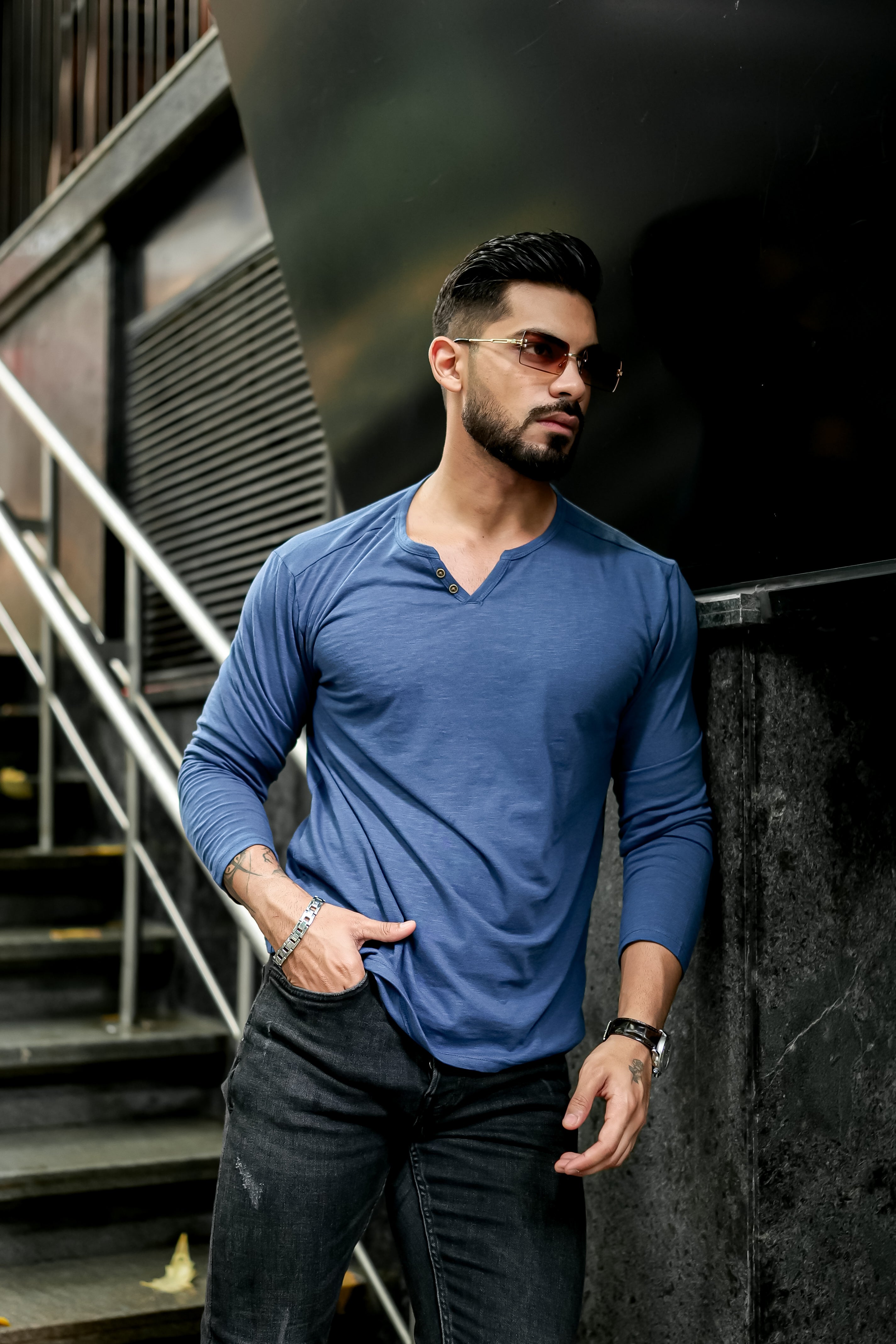 Blue Slub Open Henley Neck T-Shirt