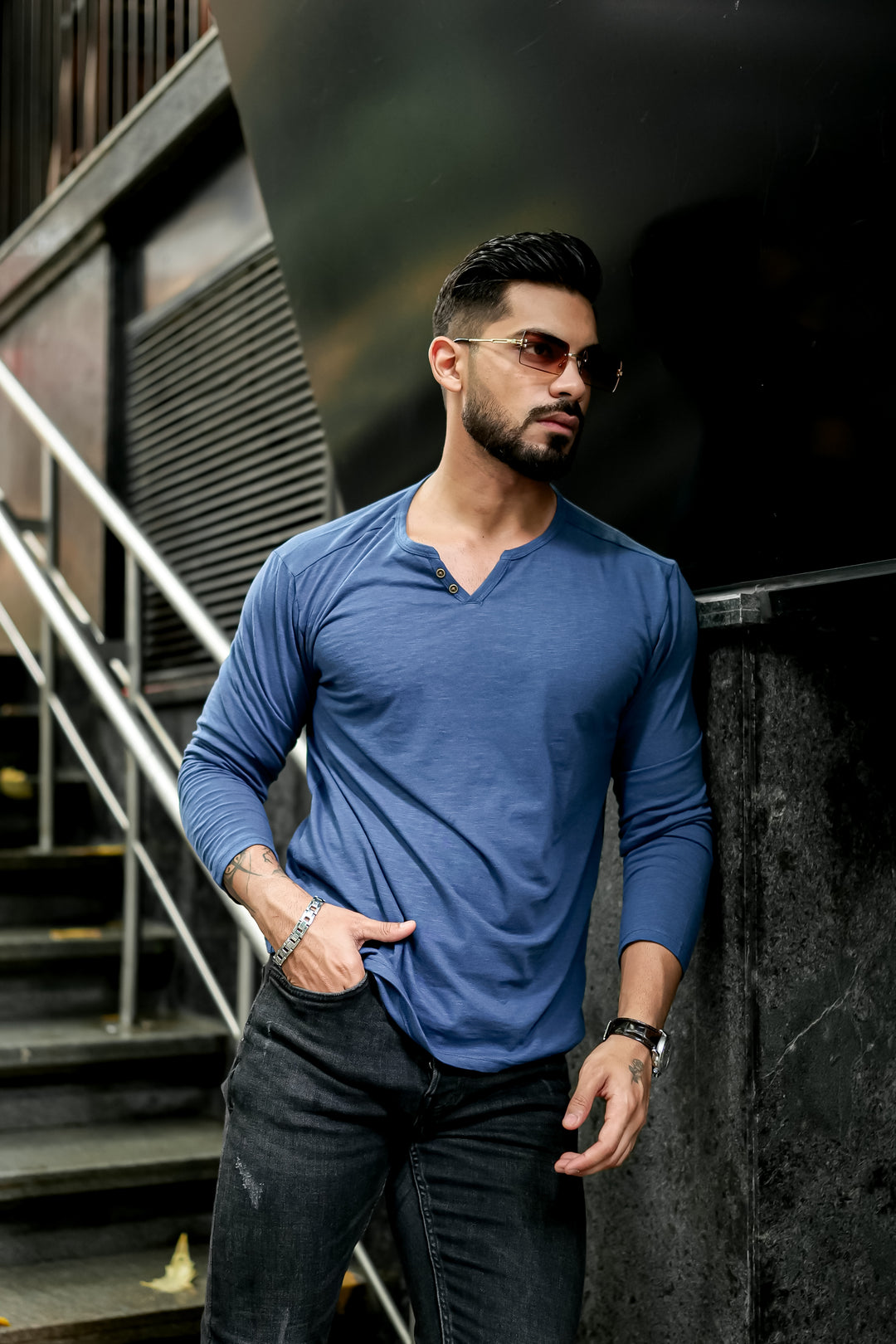 Blue Slub Open Henley Neck T-Shirt