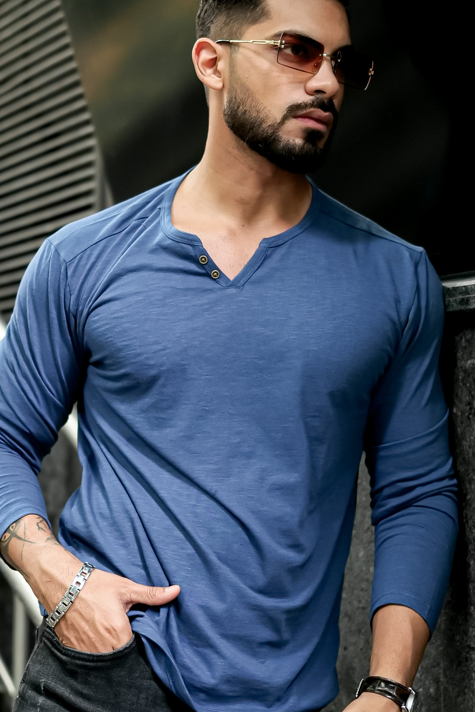 Blue Slub Open Henley Neck T-Shirt