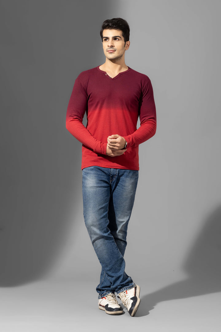 Red Omber Dyed Double Needle Henley T-Shirt