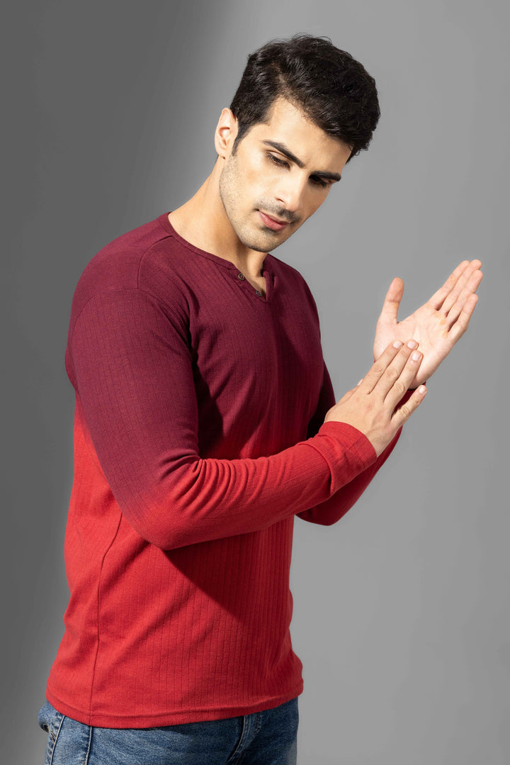 Red Omber Dyed Double Needle Henley T-Shirt