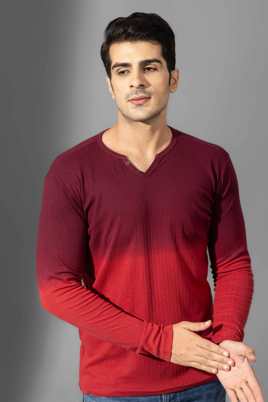 Red Omber Dyed Double Needle Henley T-Shirt