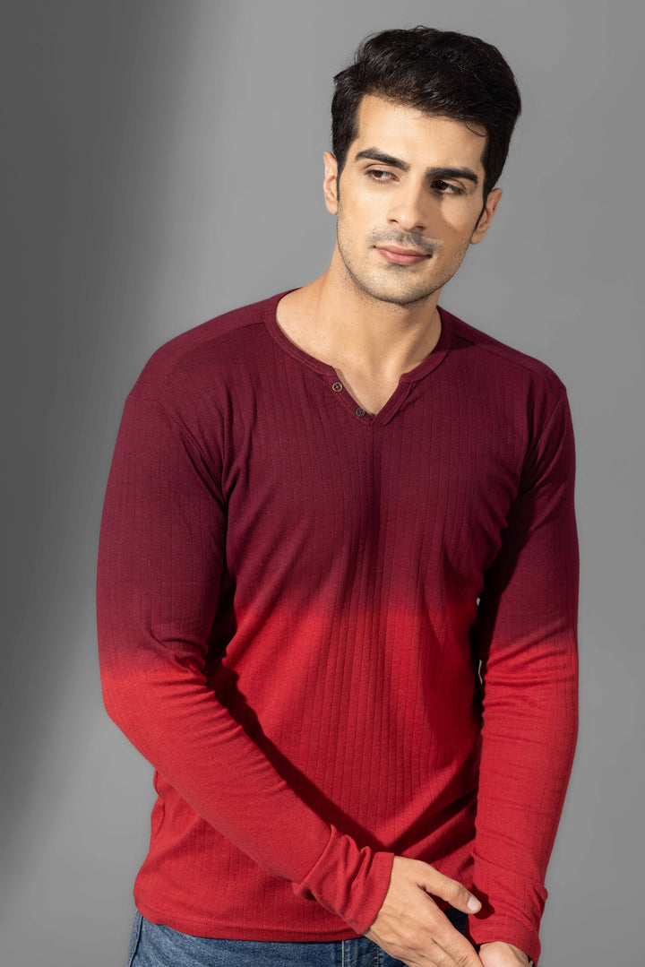 Red Omber Dyed Double Needle Henley T-Shirt