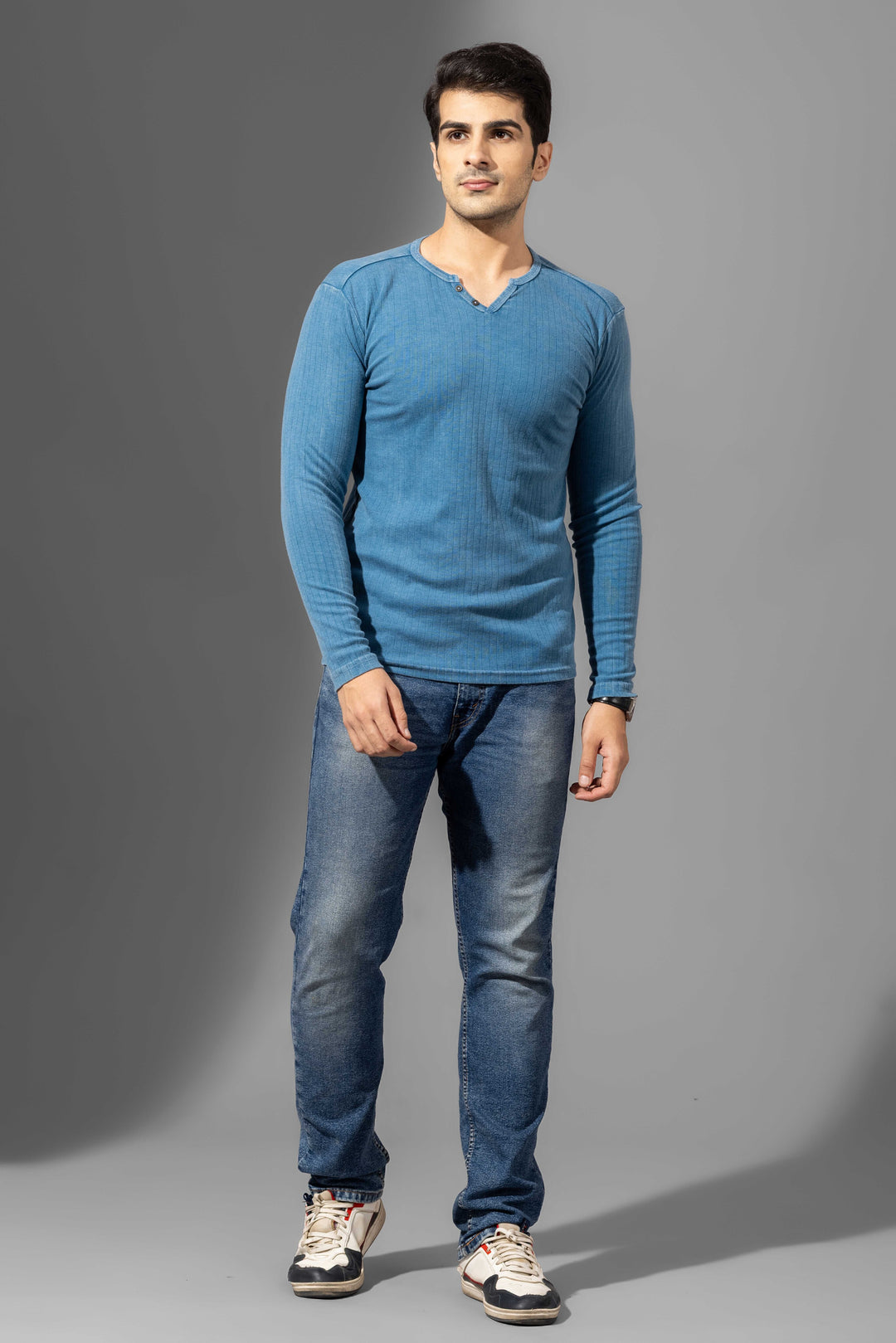 Turquoise Blue Omber Drop Needle Henley T-Shirt
