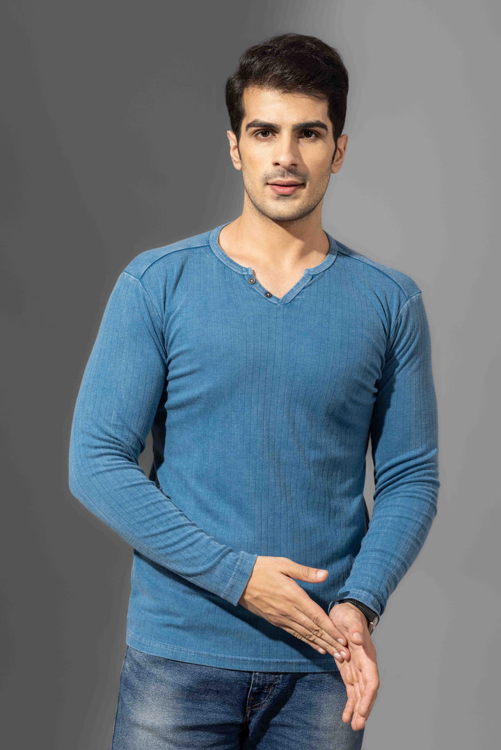 Turquoise Blue Omber Drop Needle Henley T-Shirt