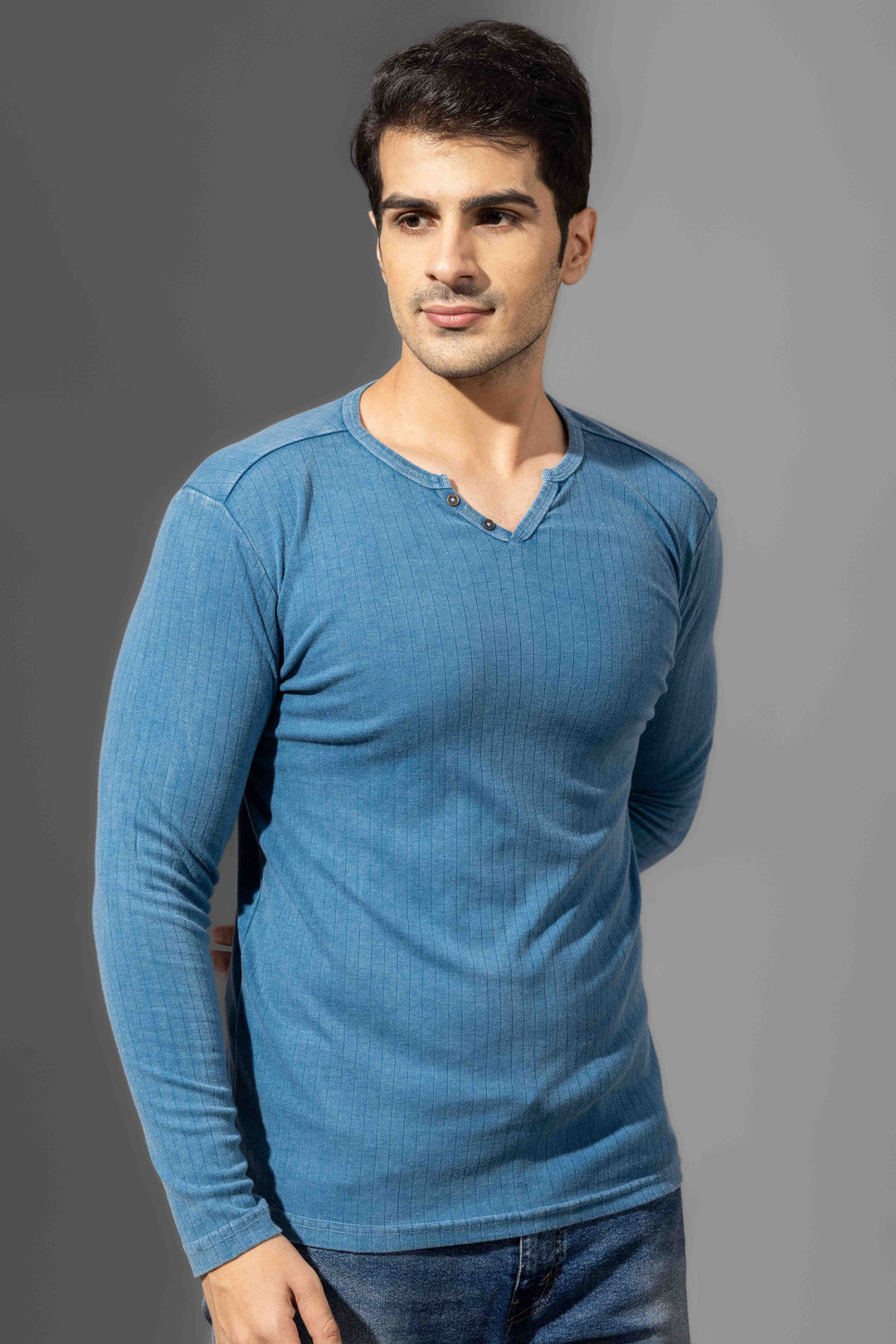 Turquoise Blue Omber Drop Needle Henley T-Shirt