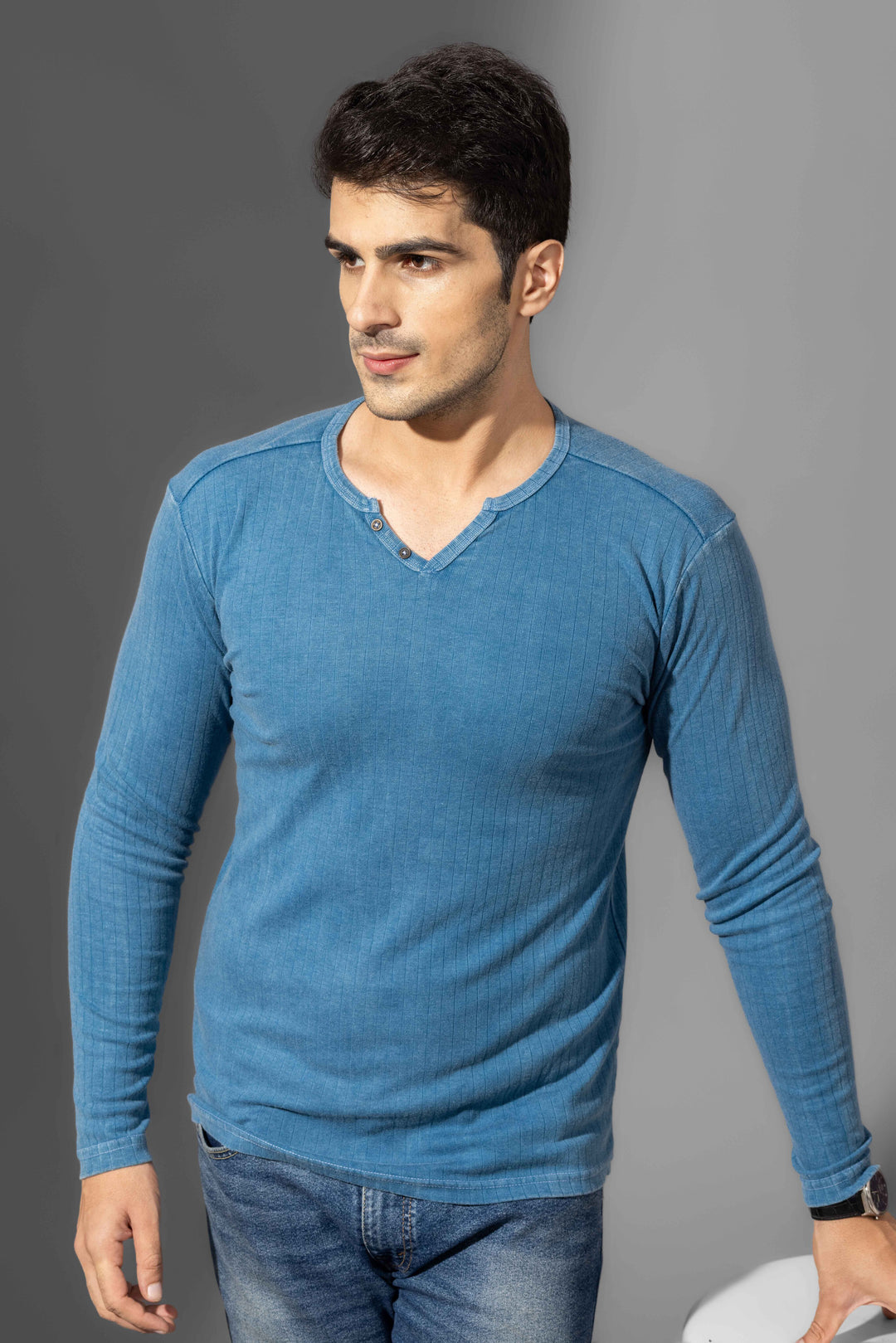 Turquoise Blue Omber Drop Needle Henley T-Shirt