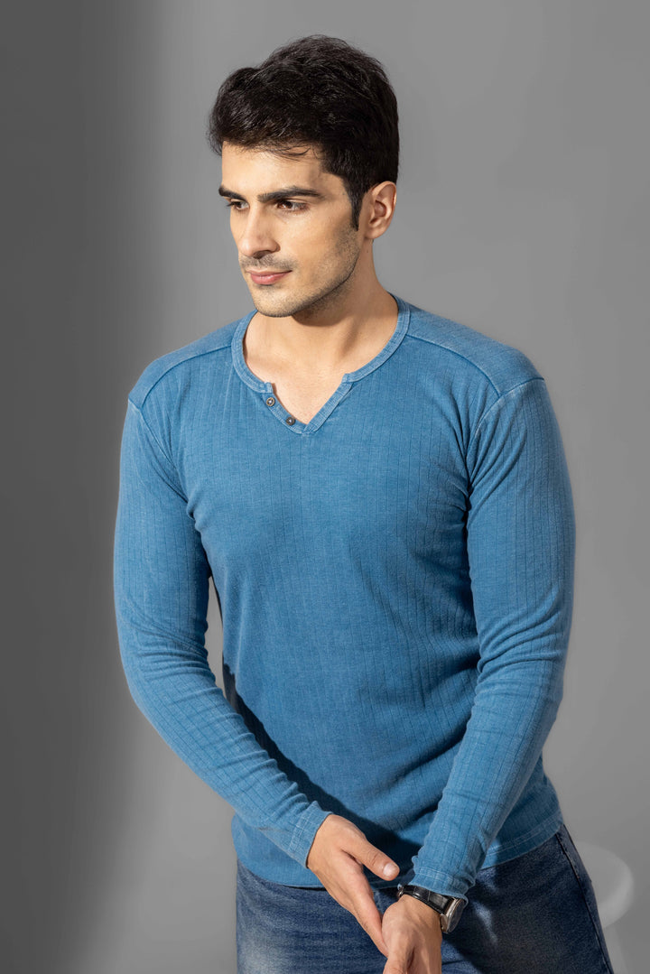 Turquoise Blue Omber Drop Needle Henley T-Shirt